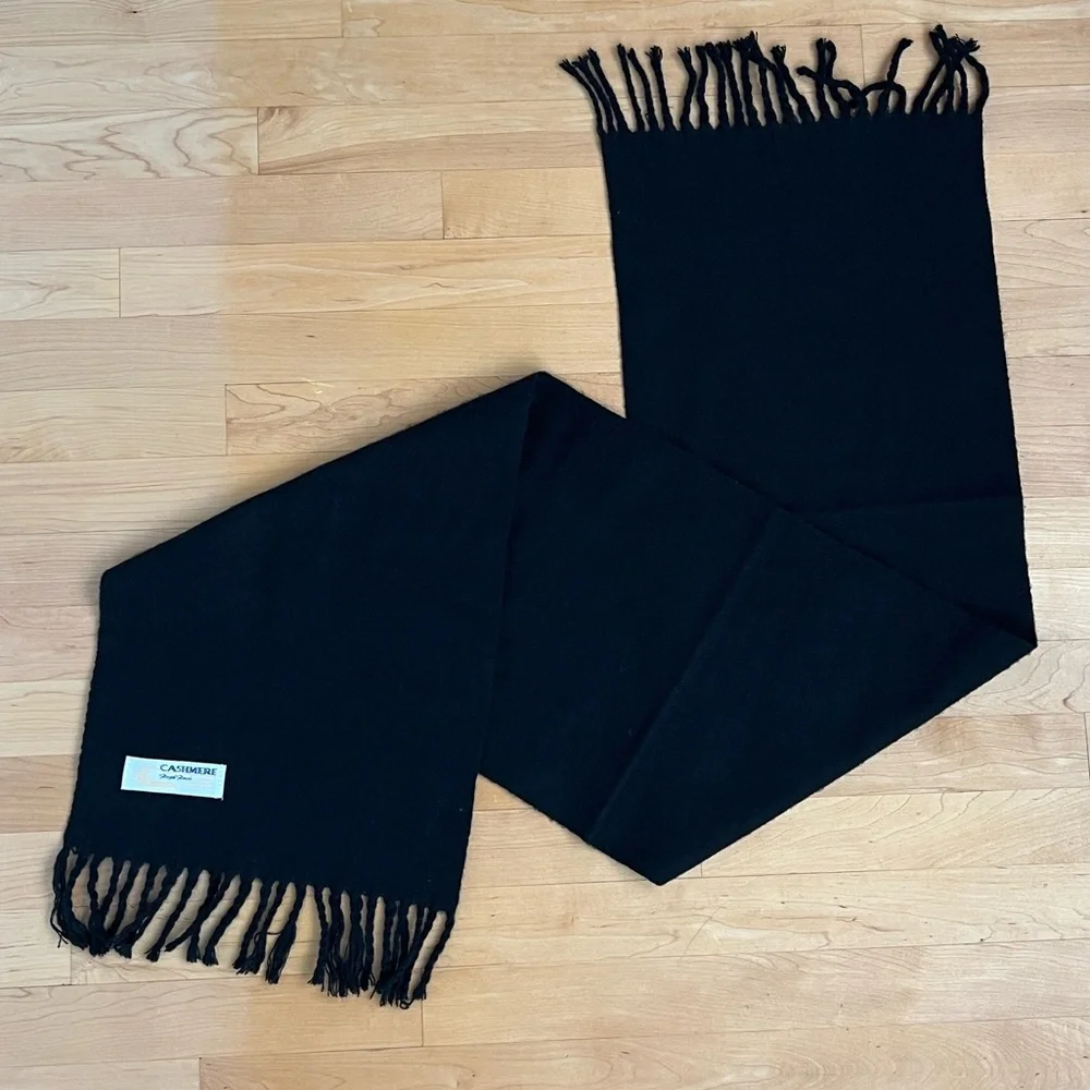 🇲🇳 Shorter Length Black Fringed Cashmere Scarf Inner Mongolia Regal Rossi